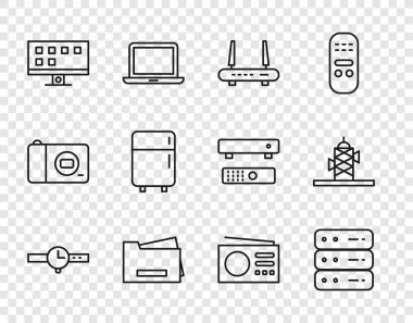 Bilek saatini, Sunucu 'yu, Data' yı, Web Sunuculuğunu, Router 'ı ve Wi-Fi sinyalini, Yazıcıyı, Akıllı TV' yi, Buzdolabını, Radyo ve Anten simgesini ayarla. Vektör