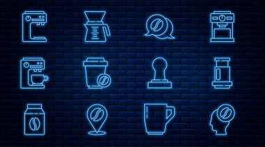 Sıra Barista, Uçak Kahvesi, Kahve ve sohbet, bardak paket, makine, kurcalama ve doldurma ikonu. Vektör