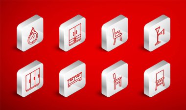 Sıralı sandalye, gardırop, Kol koltuğu, lamba, Ayna, Çekmeceler ve ikon. Vektör