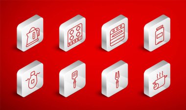 Hattı ayarla: Yemek tenceresi, gaz ocağı, fırın, reçel kavanozu, barbekü çatalı, elektrikli su ısıtıcısı, spatula ve mutfak önlüğü. Vektör