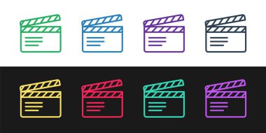 Çizgi Film alkışlayıcı simgesini siyah ve beyaz arkaplanda izole et. Film alkışlama tahtası. Alkış tahtası işareti. Sinema yapımı ya da medya endüstrisi. Vektör.
