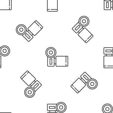 Gri çizgi sinema kamera ikonu beyaz arkaplanda kusursuz desen izole etti. Video kamera. Film tabelası. Film projektörü. Vektör.