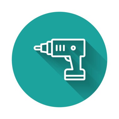 Beyaz çizgi elektrik kablosuz tornavida simgesi uzun gölge arkaplanı ile izole edildi. Elektrikli matkap. Tamir aleti. Yeşil daire düğmesi. Vektör