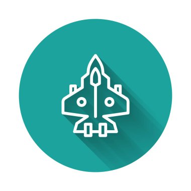 Beyaz çizgi Jet savaş ikonu uzun gölge arkaplan izole. Askeri uçak. Yeşil daire düğmesi. Vektör