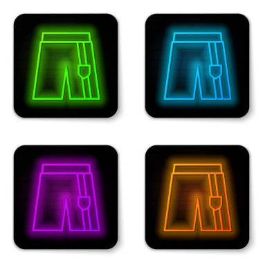 Parlayan neon hattı Short veya beyaz arkaplanda izole edilmiş pantolon simgesi. Siyah kare düğme. Vektör