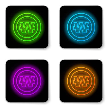 Glowing neon line South Korean won coin icon isolated on white background. South Korea currency business, payment and finance. Black square button. Vector