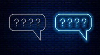 Parlak neon hattı konuşma baloncukları ve tuğla duvar arkasında izole edilmiş Soru simgesi. SSS işareti. Konuşma balonu ve çizelgesi. Vektör