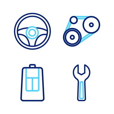 Hat anahtarı, uzaktan kumandalı araba anahtarı, zaman ayarlı kemer takımı ve direksiyon simgesi. Vektör