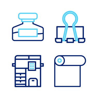 Kağıt rulosu, fotokopi makinesi, ataç ve mürekkep şişesi simgesini ayarla. Vektör