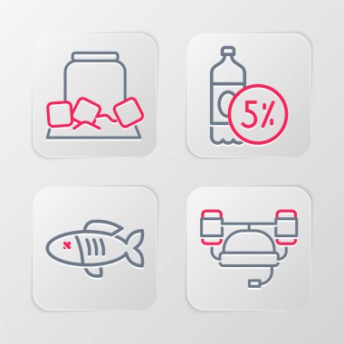 Çizgili bira kaskı, kurutulmuş balık, şişe ve soğuk bira kutusu ikonu. Vektör