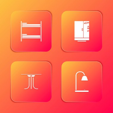 Ranza, duş kabini, yuvarlak masa ve masa lambası ikonu hazırla. Vektör.