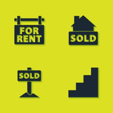 Asılma işaretini Kiralık, Merdiven, Satılmış metin ve simgeyle ayarla. Vektör.