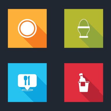 Tabak, tavuk yumurtası, kafe restoranının yeri ve buz kovası ikonu içinde şampanya. Vektör