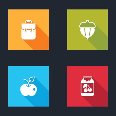 Okul çantası, meşe palamudu, elma ve reçel kavanozu ikonu. Vektör