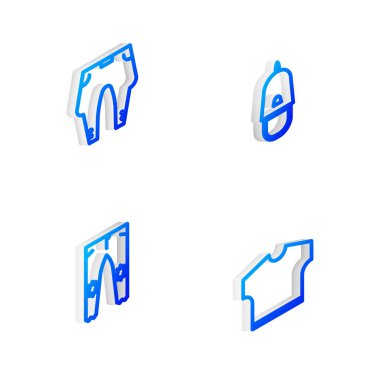 Isometric Line polis şapkasını papağan, pantolon ve tişört ikonu ile ayarla. Vektör.