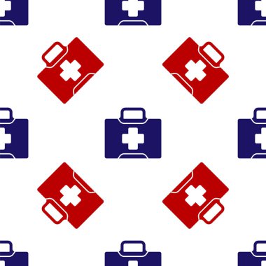 Mavi ve kırmızı ilk yardım çantası ikonu beyaz arkaplanda pürüzsüz desen izole etti. Haçlı sağlık kutusu. Acil durumlar için tıbbi ekipman. Sağlık sigortası konsepti. Vektör İllüstrasyonu.