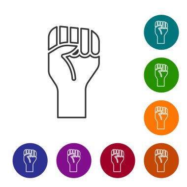 Siyah çizgi, beyaz arka planda izole edilmiş sıkılmış yumruk ikonu ile kaldırılmış el. Protestocu siyasi bir gösteride yumruğunu kaldırdı. Güçlendirme. Simgeleri renk daire düğmelerine ayarla. Vektör.