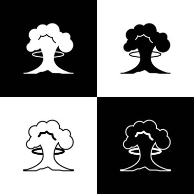 Nükleer patlama simgesini siyah beyaz arkaplanda izole et. Atom bombası. Nükleer savaşın sembolü, dünyanın sonu. Vektör