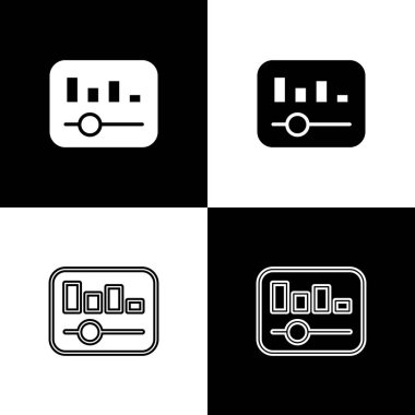 Müzik eşitleyici simgesini siyah ve beyaz arkaplanda izole et. Ses dalgası. Ses dijital dengeleyici teknolojisi, konsol paneli, nabız müzikali. Vektör