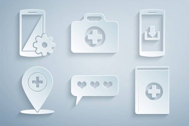 Set Like and heart, Smartphone with download, Medical place cross, book, ilk yardım kiti ve akıllı telefon simgesi. Vektör