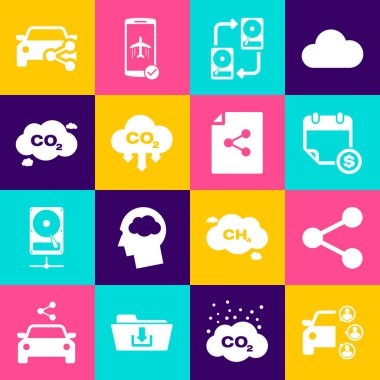 Araba paylaşımını ayarla, Paylaşım, Finansal Takvim, HD ile veri alışverişi, CO2 emisyon bulutu ve simgesi. Vektör