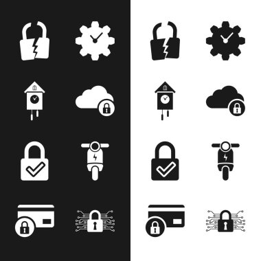 Bulut bilgisayar kilidini, Retro duvar saatini, Kırılmış ya da kırılmış, Zaman Yönetimi, Kilitle ve Kontrol Et işaretini ve elektrikli scooter simgesini ayarla. Vektör