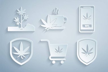 Marihuana, internet alımı, kalkan ve fincan çay ve bitki dikme ikonu ile alışveriş seti. Vektör