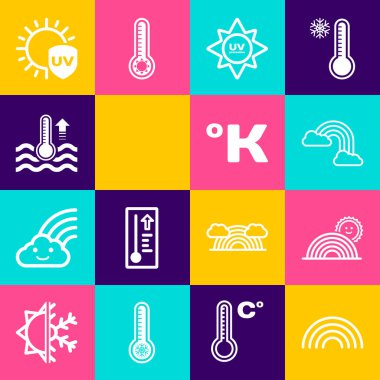 Gökkuşağı, güneş, bulutlar, ultraviyole koruma, su termometresi ve Kelvin ikonu. Vektör