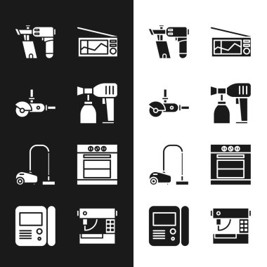 Sprey boya tabancası, açılı öğütücü, çivi, radyo, elektrik süpürgesi ve fırın ikonu. Vektör