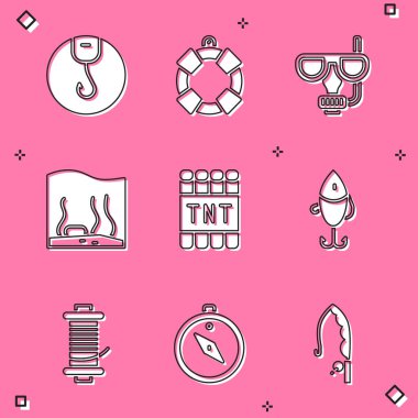 Balık oltası, Lifebuoy, dalış maskesi, şnorkel, akvaryum, dinamit bombası çubuğu, yem, balık tutmak için dönen makarayı ve pusula simgesini hazırlayın. Vektör