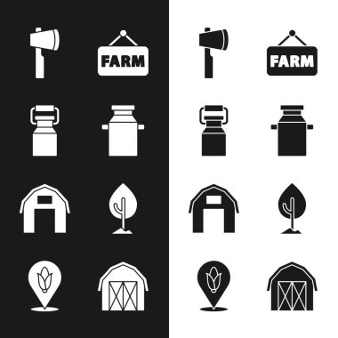 Süt için konteynır, tahta balta, mesaj çiftliği, ev, ağaç ve konum mısırı ikonu. Vektör
