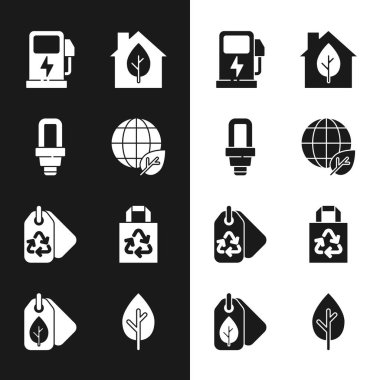 Yerküre küresi ve yaprak, LED ampul, elektrikli araba şarj istasyonu, çevre dostu ev, geri dönüşümlü etiket, kağıt torba, ağaç ve ikon. Vektör