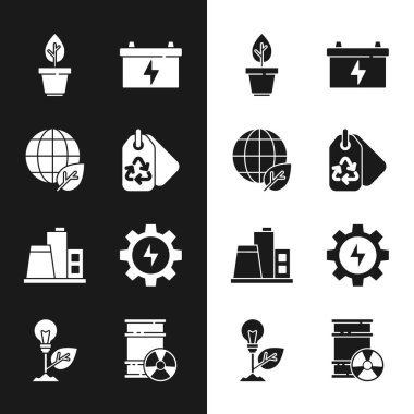 Geri dönüşümlü etiket, toprak küresi ve yaprak, çömleğe bitki, araba aküsü, fabrika, dişli yıldırımı, radyoaktif atık varili ve ampul ikonu. Vektör
