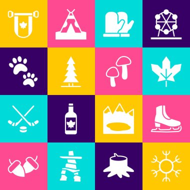 Set Snowflake, Skates, Kanada akçaağaç yaprağı, Noel eldiveni, ladin, Paw print, Pennant Canada ve mantar ikonu. Vektör