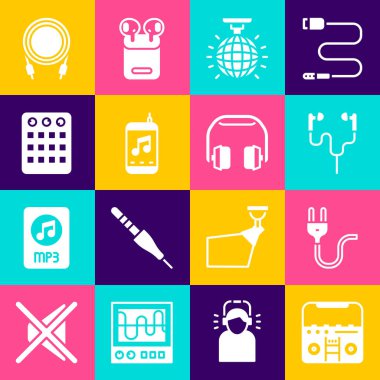 Ev teybini hoparlörleri, elektrik prizi, hava kulaklıkları, disko topu, müzik çalar, bateri makinesi, ses kriko ve kulaklık ikonu ile ayarla. Vektör