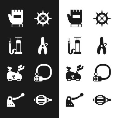 Bisiklet koltuğunu, hava pompasını, eldivenleri, dişli kolu, sabit bisikleti, kilidi, pedalı ve fren ikonunu ayarla. Vektör