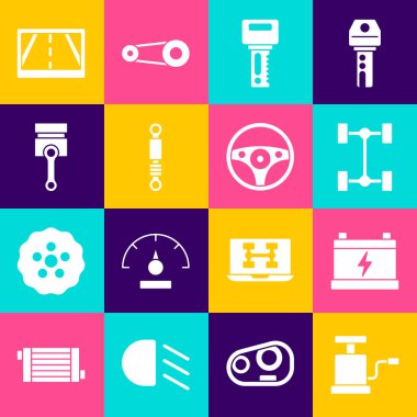 Araba pompası, akü, Chassis arabası, uzaktan kumandalı anahtar, şok emici, motor pistonu, GPS haritası ve direksiyon simgesini ayarla. Vektör