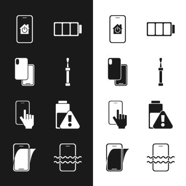 Tornavida, akıllı telefon, akıllı ev, pil, telefon tamir servisi, şarj, su geçirmez ve cam ekran koruyucu ikonu. Vektör