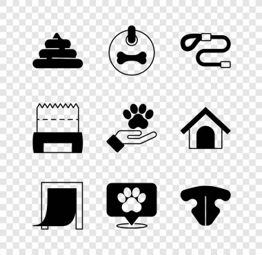 Set Shit, Dog collar, Retractable cord leash, Door for pet, Location veterinary hospital, Cat nose, shit bag and Hands with animals footprint icon. Vector