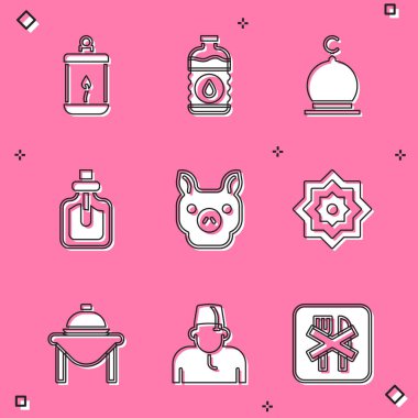 Ramazan Kareem feneri, bir şişe su, Müslüman camisi, parfüm, domuz, sekizgen yıldız, masa yemeği ve insan ikonu. Vektör