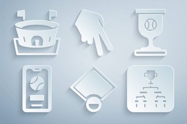 Beyzbol sahası, beysbol, mobil, şampiyonluk turnuvasındaki destekler, eldiven ve arena ikonu. Vektör