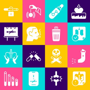 Hastalık akciğerlerini, astım spreyini, akciğer röntgenini, elektronik sigarayı, sigara içen adamı, hayır ve çöp tenekesi ikonunu ayarla. Vektör