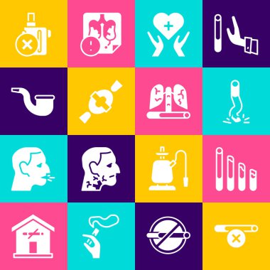 Set No smoking, Smoking cigarette, Cigarette butt, Heart with cross, Candy, pipe, electronic and Disease lungs icon. Vector