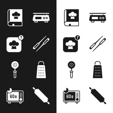 Yemek çubukları, aşçı şapkası, yemek kitabı, elektronik pullar, Spatula, Grater, Rolling Pin ve mikrodalga fırın ikonu. Vektör