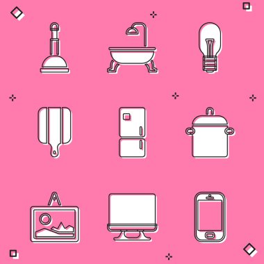 Lastik pompa, küvet, ampul, kesme tahtası, buzdolabı, tencere, resim ve akıllı televizyon ikonu. Vektör