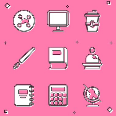 Kimyasal formülü ayarla, bilgisayar monitörü, kahve fincanı, fırça, kitap, konferans, not defteri ve hesap makinesi simgesi. Vektör