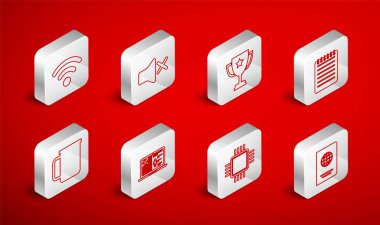 Hat Pasaportu, Sözcü Dilsiz, Kupa, Not Defteri, İşlemci, Kablosuz Kablosuz ağ, Tıbbi klinik kaydı ve Kahve ikonu. Vektör