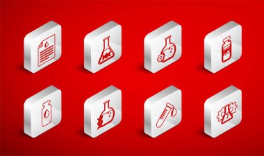 Biyomühendislik, DNA araştırması, arama, tıbbi tüp, ampul, kan damlası, pano testi ve ikon içeren test tüpü ayarlayın. Vektör