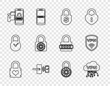 Asma kilidi kalp ile ayarla, Cloud VPN arayüzü, Para, Dijital kapı kablosuz, Akıllı araba güvenlik sistemi, güvenli kombinasyon tekerleği, ve Shield simgesi. Vektör