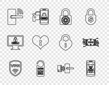 Hat kalkanını VPN kablosuz, mobil ve yüz tanıma, güvenli kilit tekerleği ile ayarla lütfen rahatsız etmeyin, Dijital kapı, Kalp anahtar deliği ve mikroçip devre simgesi. Vektör